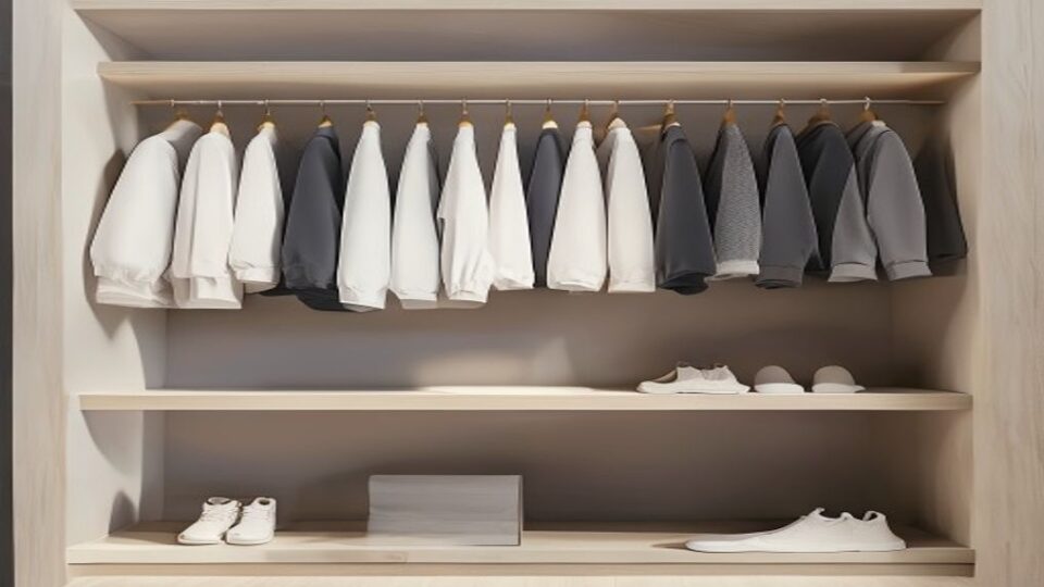 クローゼットの中のベーシックな服と小物